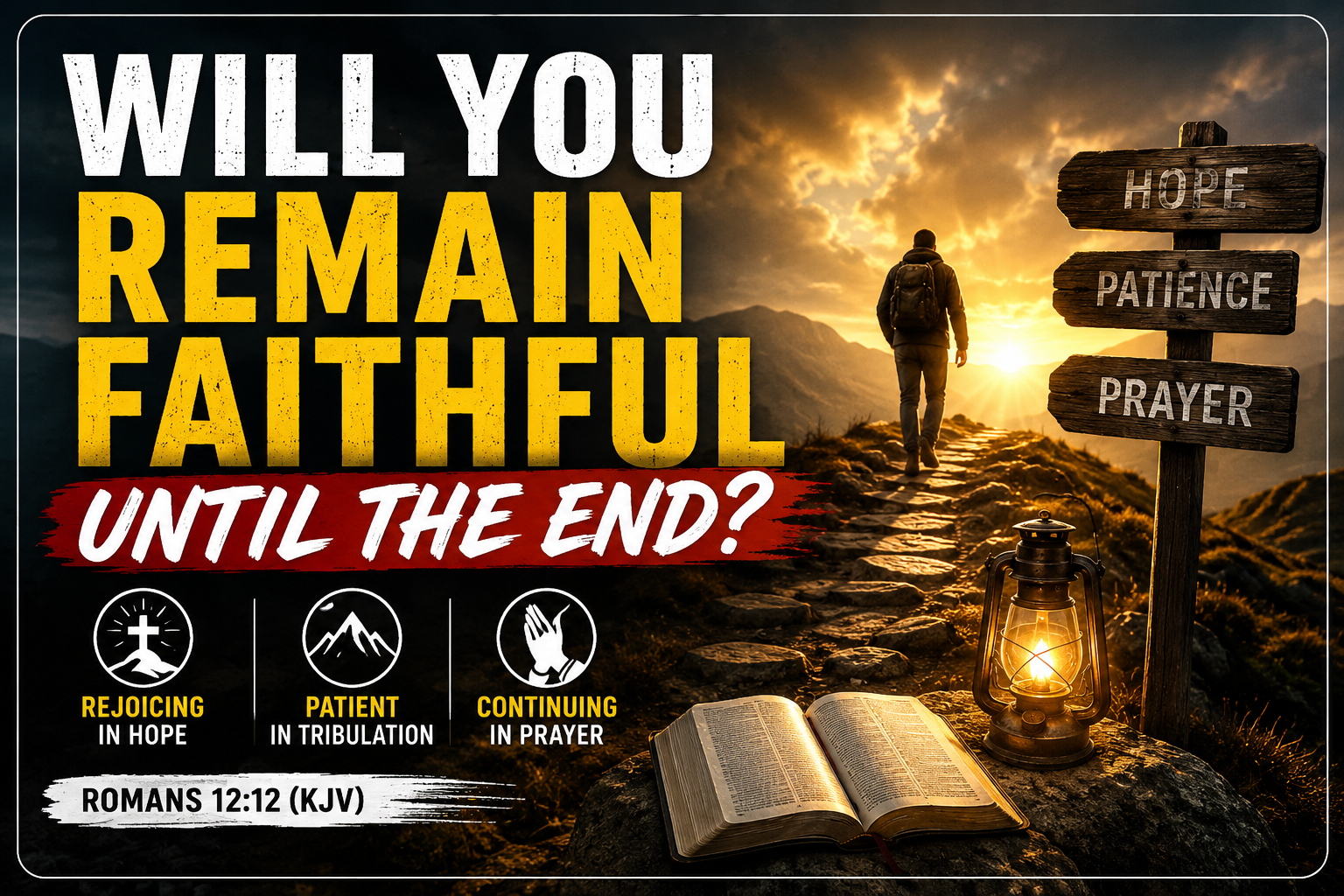 Christian walking toward a sunrise with an open Bible and signposts for hope, patience, and prayer, illustrating Romans 12:12 and remaining faithful until the end.